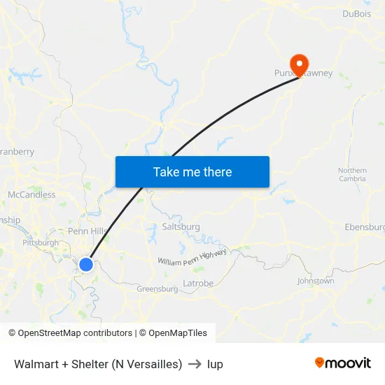 Walmart + Shelter (N Versailles) to Iup map