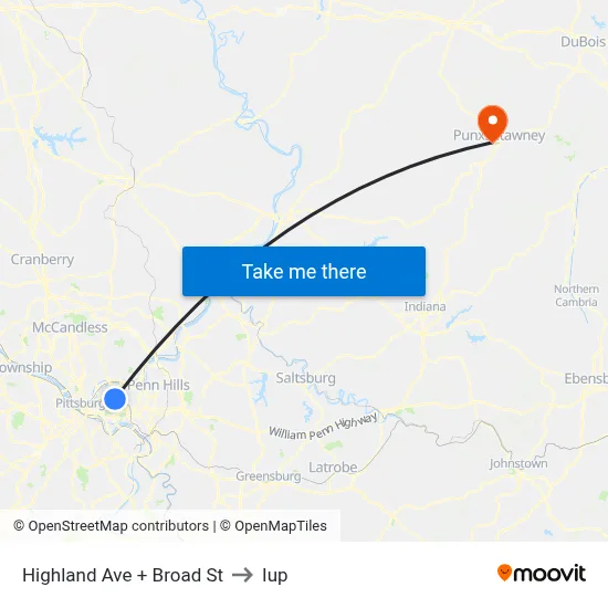 Highland Ave + Broad St to Iup map