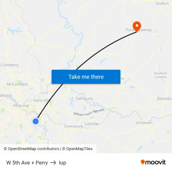 W 5th Ave + Perry to Iup map