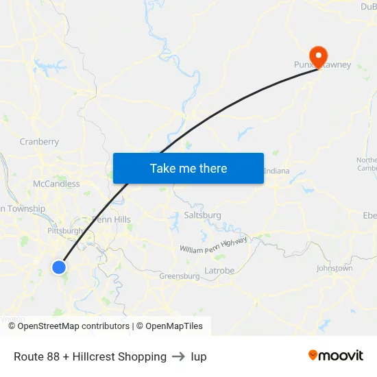 Route 88 + Hillcrest Shopping to Iup map