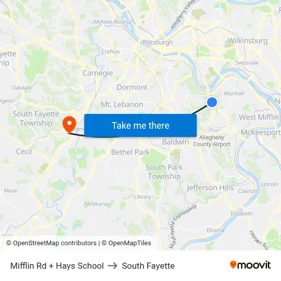 Mifflin Rd + Hays School to South Fayette map