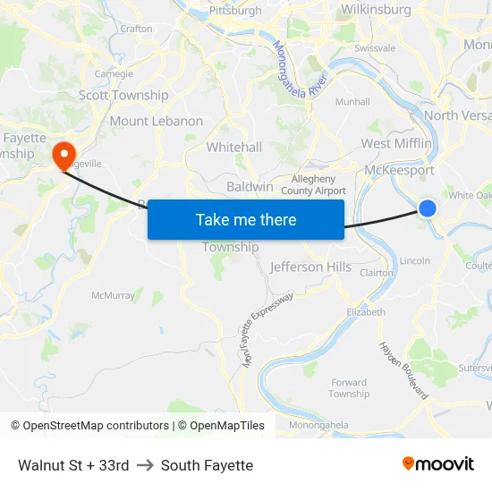 Walnut St + 33rd to South Fayette map