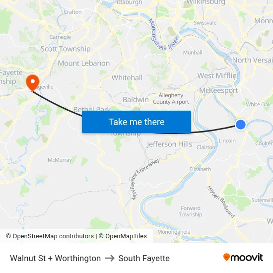 Walnut St + Worthington to South Fayette map