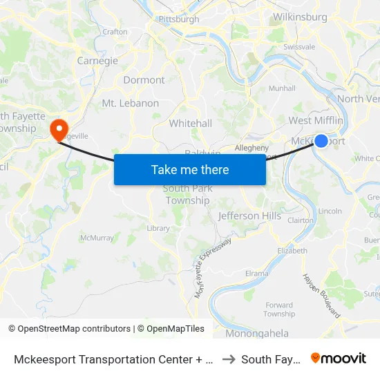 Mckeesport Transportation Center + Bay #4 to South Fayette map