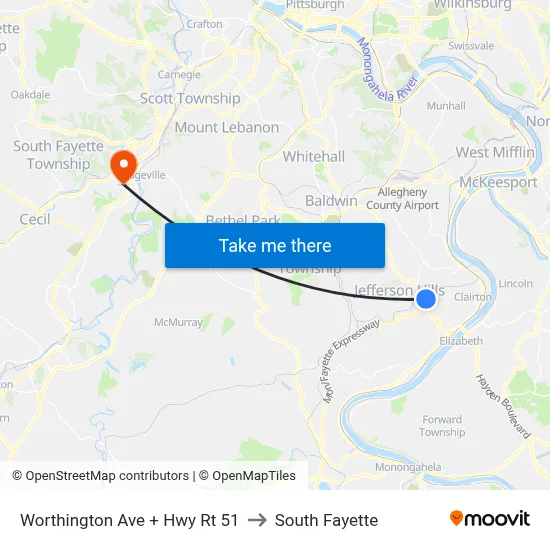 Worthington Ave + Hwy Rt 51 to South Fayette map