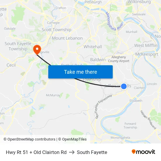 Hwy Rt 51 + Old Clairton Rd to South Fayette map