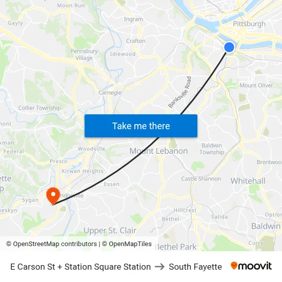 E Carson St + Station Square Station to South Fayette map