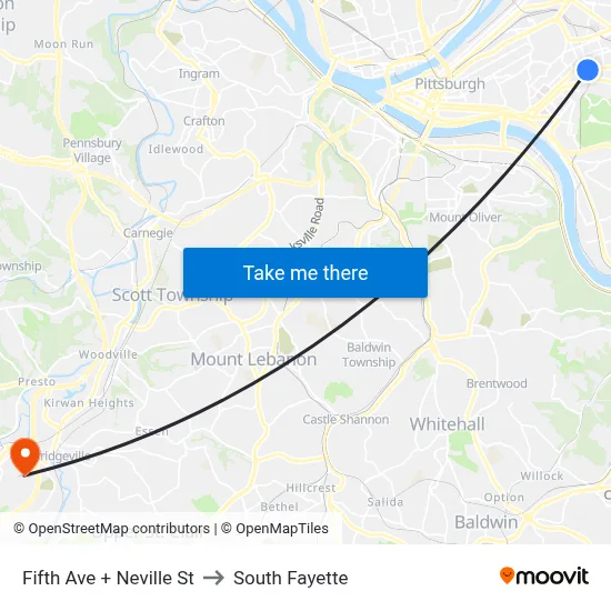 Fifth Ave + Neville St to South Fayette map