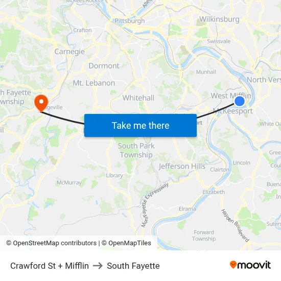 Crawford St + Mifflin to South Fayette map