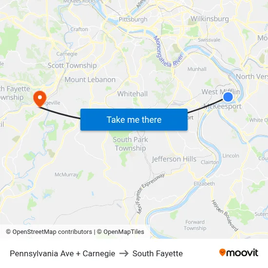 Pennsylvania Ave + Carnegie to South Fayette map