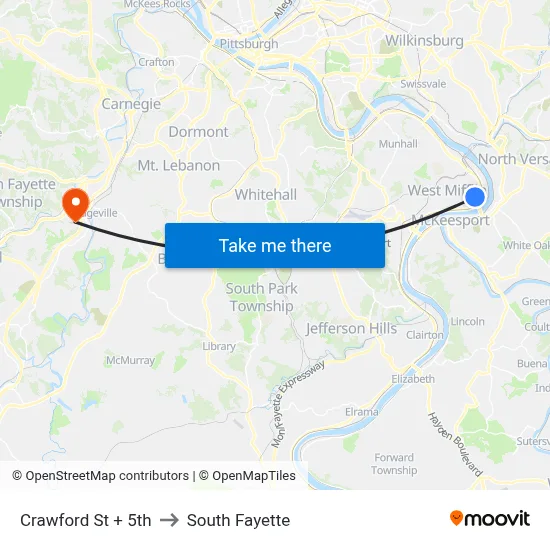 Crawford St + 5th to South Fayette map