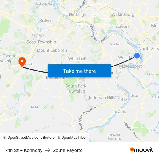 4th St + Kennedy to South Fayette map