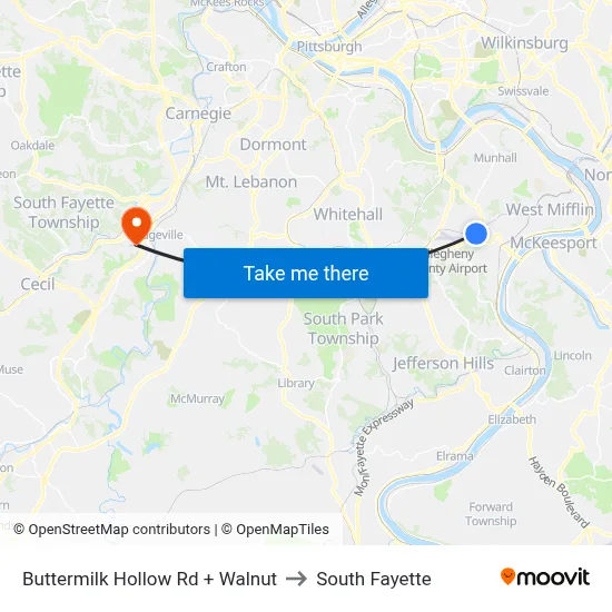 Buttermilk Hollow Rd + Walnut to South Fayette map