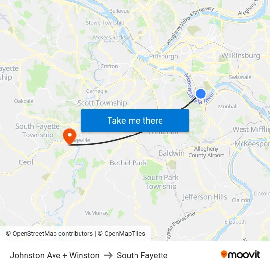 Johnston Ave + Winston to South Fayette map