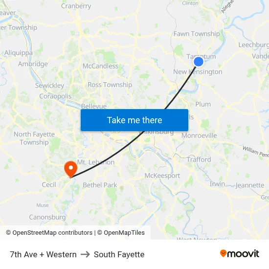 7th Ave + Western to South Fayette map