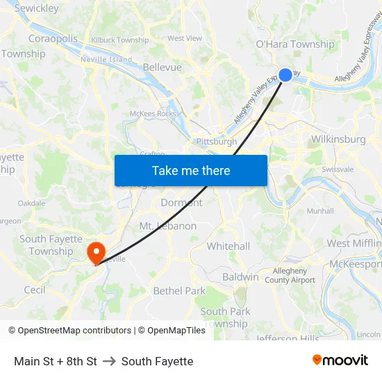 Main St + 8th St to South Fayette map