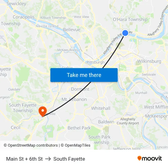 Main St + 6th St to South Fayette map