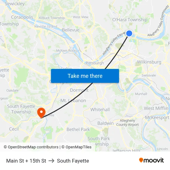 Main St + 15th St to South Fayette map