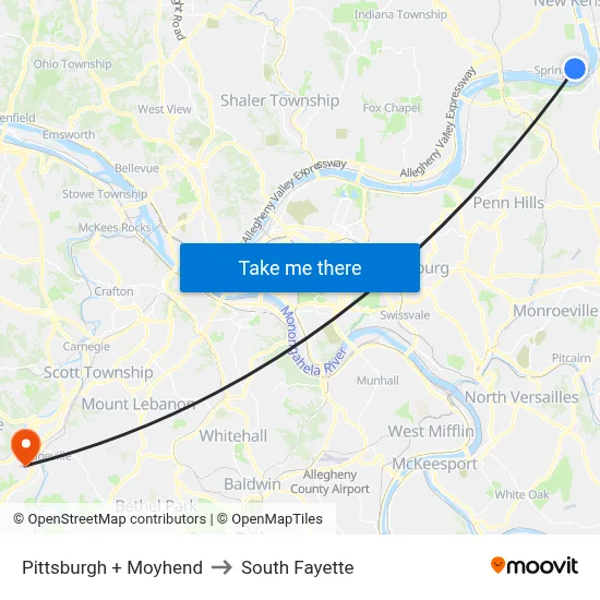 Pittsburgh + Moyhend to South Fayette map