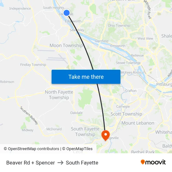 Beaver Rd + Spencer to South Fayette map