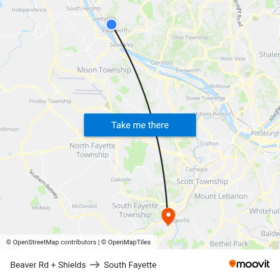 Beaver Rd + Shields to South Fayette map