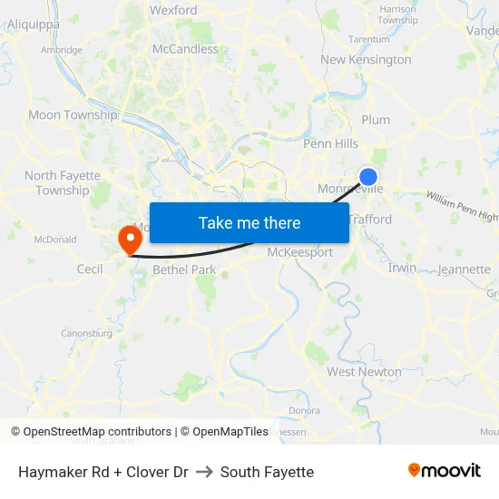 Haymaker Rd + Clover Dr to South Fayette map