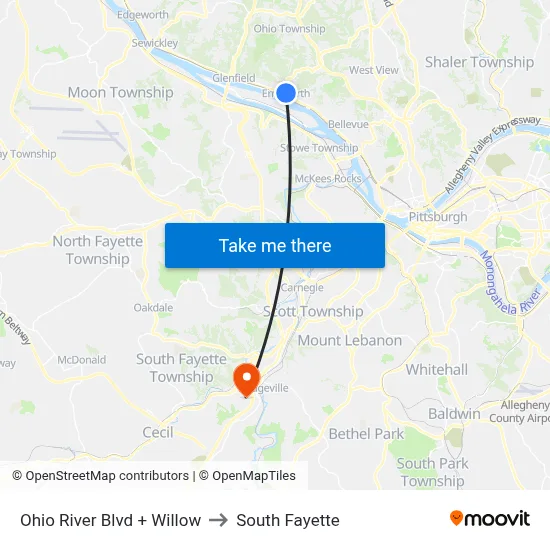 Ohio River Blvd + Willow to South Fayette map