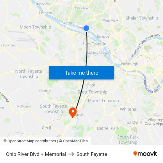 Ohio River Blvd + Memorial to South Fayette map
