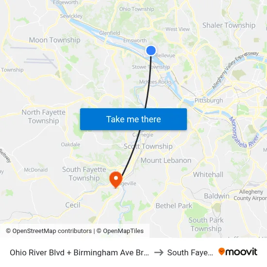 Ohio River Blvd + Birmingham Ave Bridge to South Fayette map