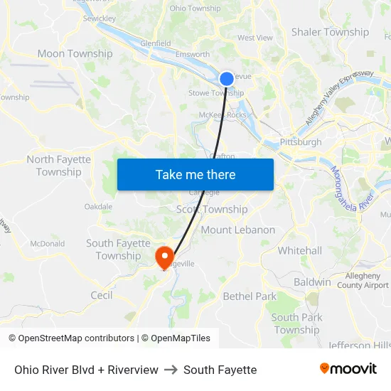 Ohio River Blvd + Riverview to South Fayette map