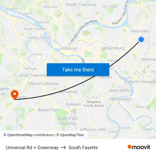 Universal Rd + Greenway to South Fayette map