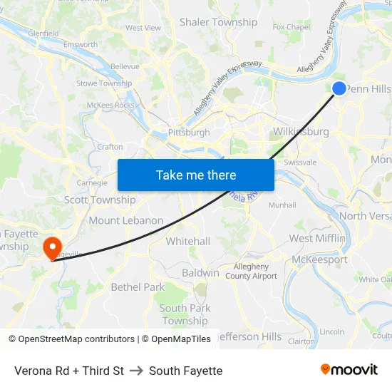 Verona Rd + Third St to South Fayette map