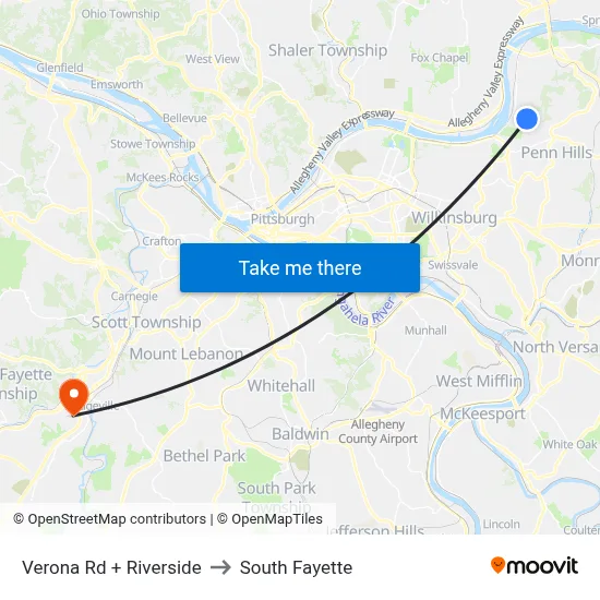Verona Rd + Riverside to South Fayette map