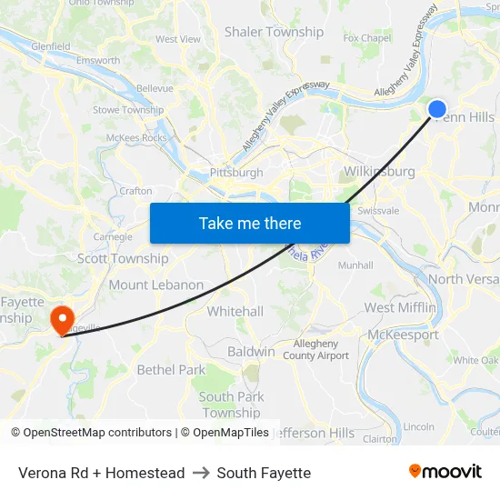 Verona Rd + Homestead to South Fayette map