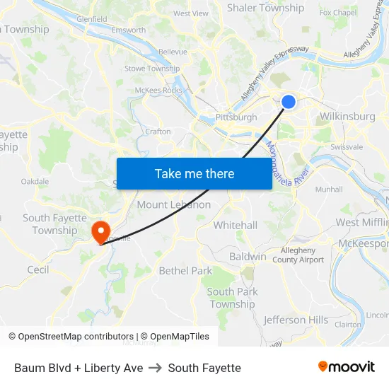 Baum Blvd + Liberty Ave to South Fayette map