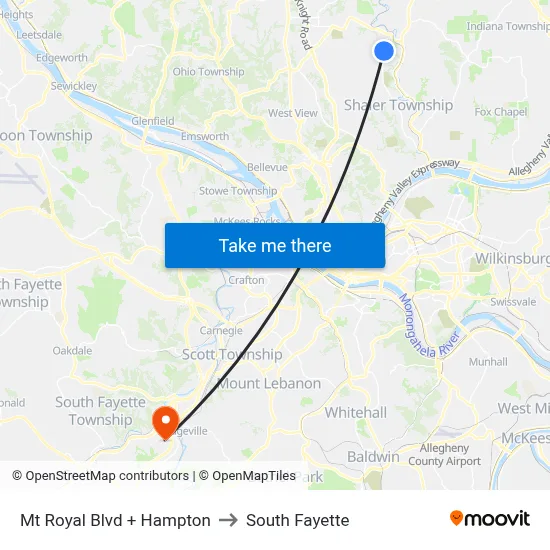Mt Royal Blvd + Hampton to South Fayette map