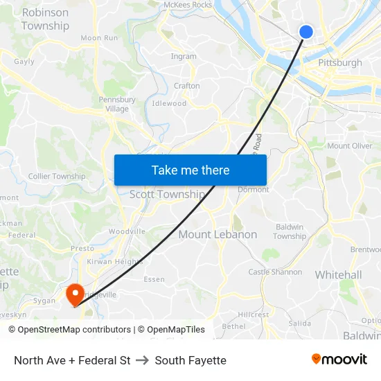 North Ave + Federal St to South Fayette map