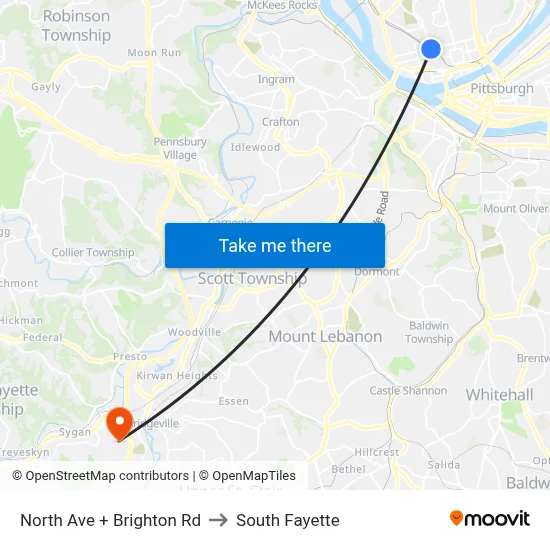 North Ave + Brighton Rd to South Fayette map