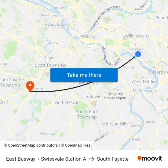 East Busway + Swissvale Station A to South Fayette map