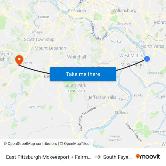 East Pittsburgh-Mckeesport + Fairmont to South Fayette map