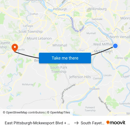 East Pittsburgh-Mckeesport Blvd + Ault to South Fayette map