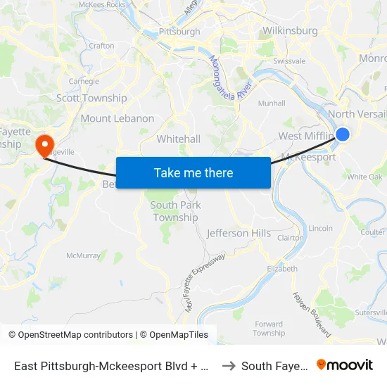 East Pittsburgh-Mckeesport Blvd + Orris to South Fayette map