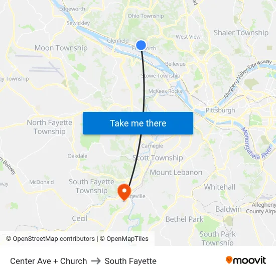 Center Ave + Church to South Fayette map