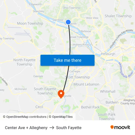 Center Ave + Allegheny to South Fayette map