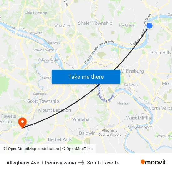 Allegheny Ave + Pennsylvania to South Fayette map