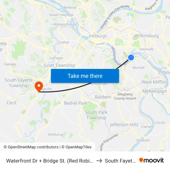 Waterfront Dr + Bridge St. (Red Robin) to South Fayette map