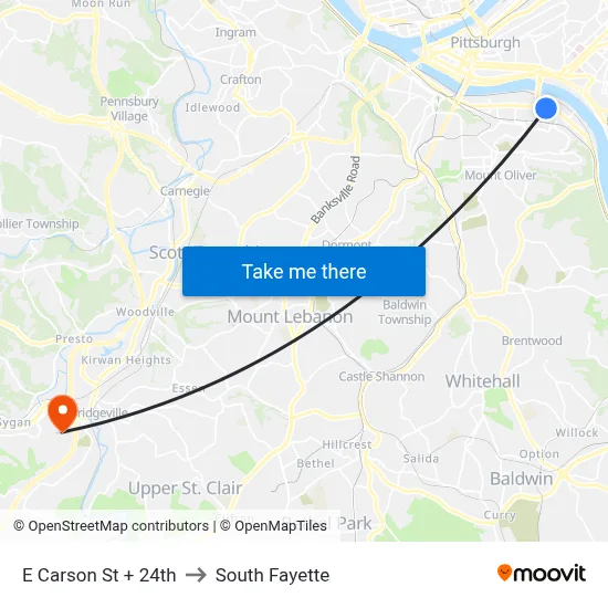 E Carson St + 24th to South Fayette map
