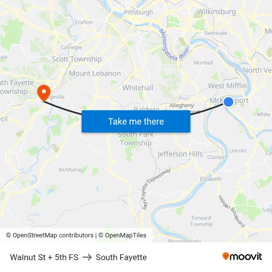 Walnut St + 5th FS to South Fayette map