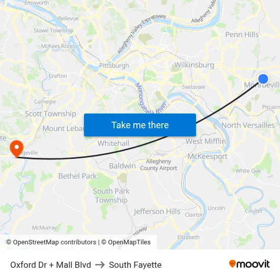Oxford Dr + Mall Blvd to South Fayette map
