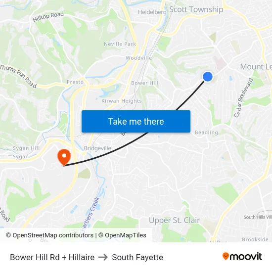 Bower Hill Rd + Hillaire to South Fayette map